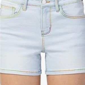 Judy Blue Midrise Light Blue Denim Shorts Rainbow Threading